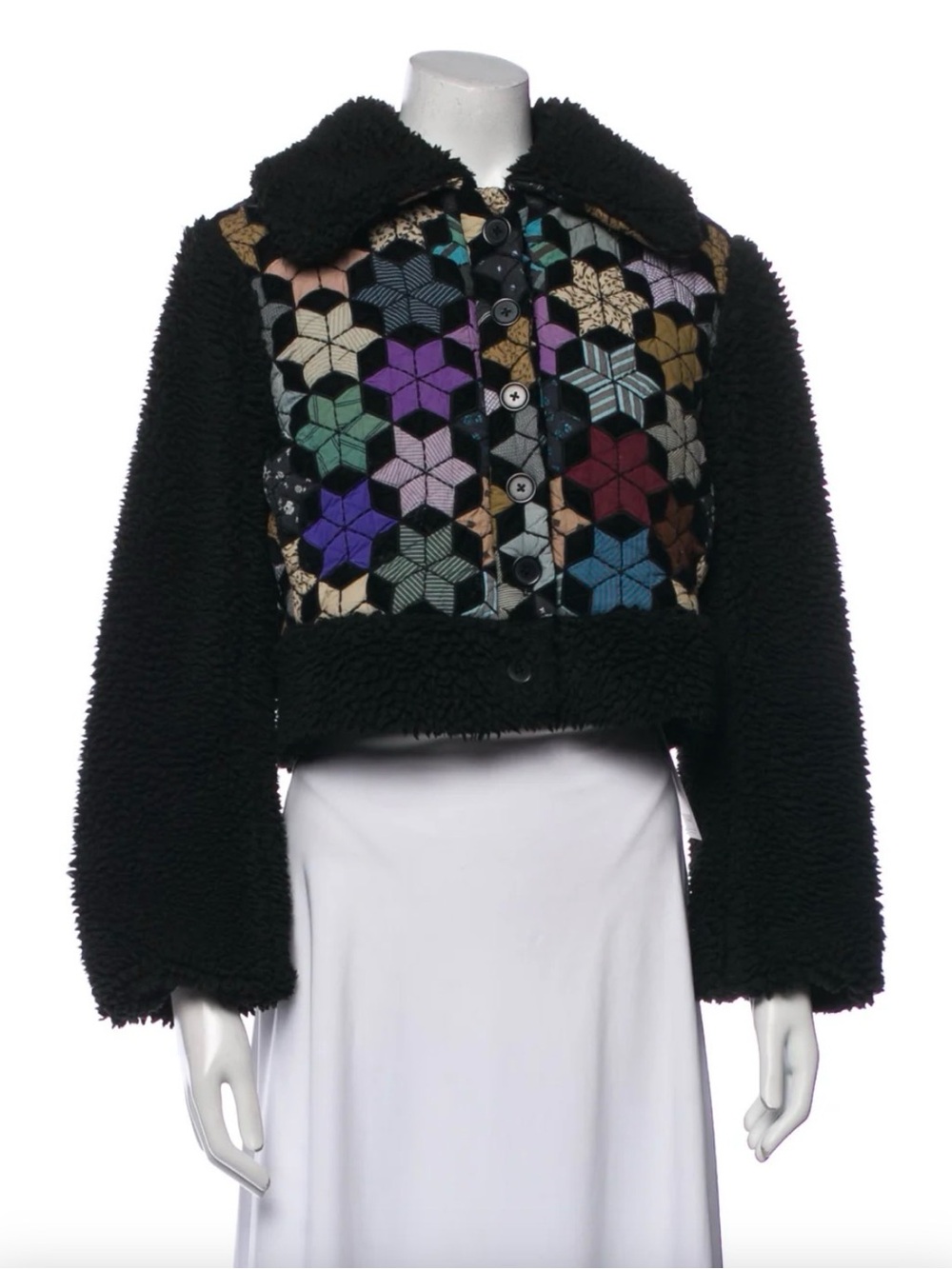 Sea NY Black Faux-Shearling Crop Jacket with Multi-Color Geometric Panel
